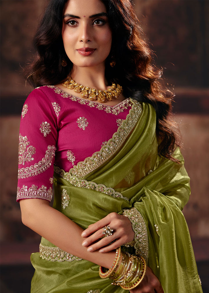 Olive Green Organza Saree with Sequin &amp; Stone Embellishments