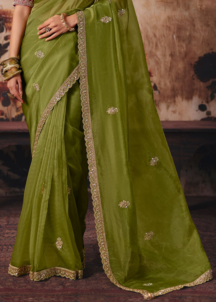 Olive Green Organza Saree with Sequin &amp; Stone Embellishments