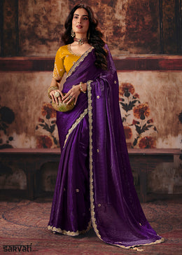Plum Purple Designer Satin Silk Saree with Zari, Moti & Sequin Accents