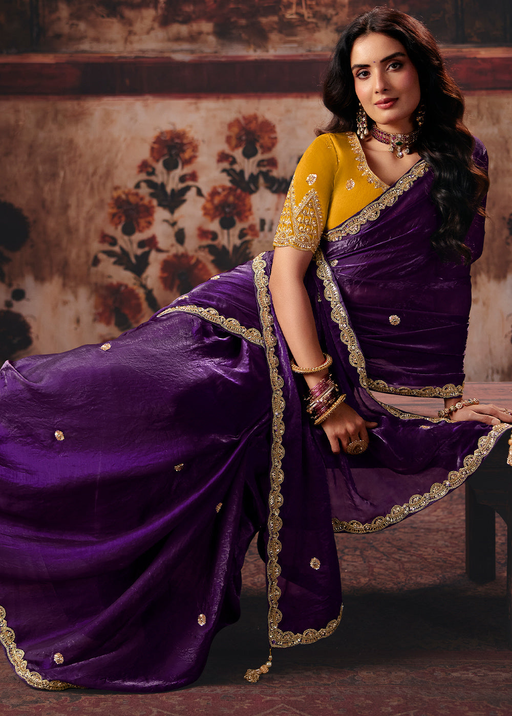 Plum Purple Designer Satin Silk Saree with Zari, Moti & Sequin Accents