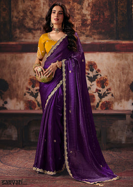Dark Purple Satin Saree with Sequin & Stone Embellishments
