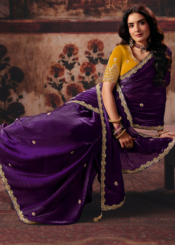 Dark Purple Satin Saree with Sequin &amp; Stone Embellishments