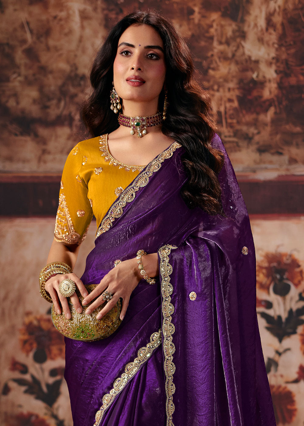 Dark Purple Satin Saree with Sequin &amp; Stone Embellishments