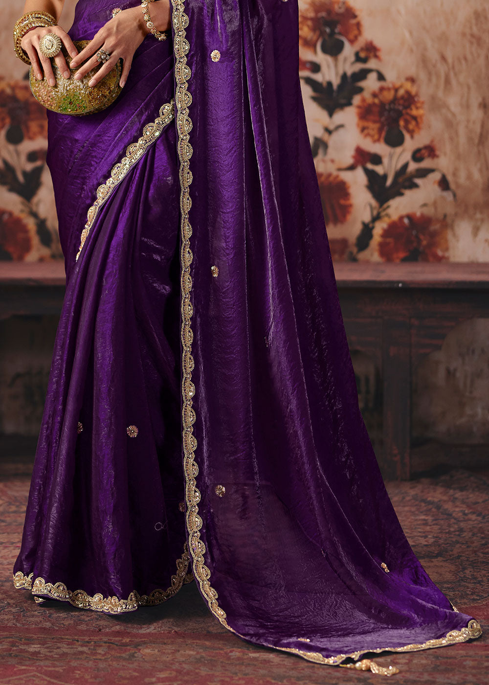 Dark Purple Satin Saree with Sequin &amp; Stone Embellishments