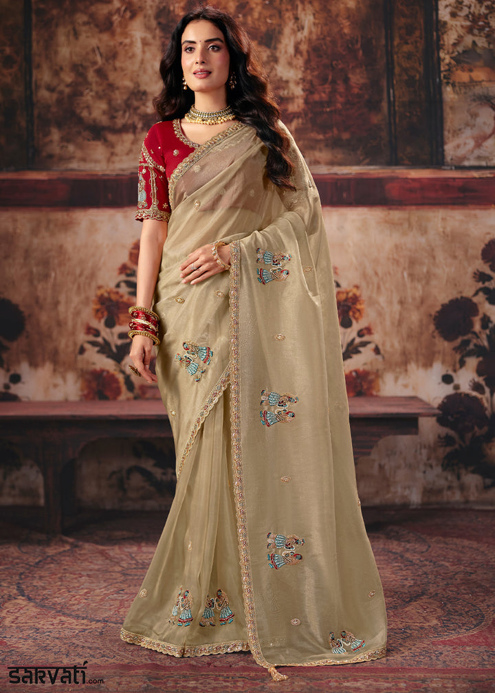 Beige Brown Designer Organza Saree with Zari, Moti &amp; Sequin Accents