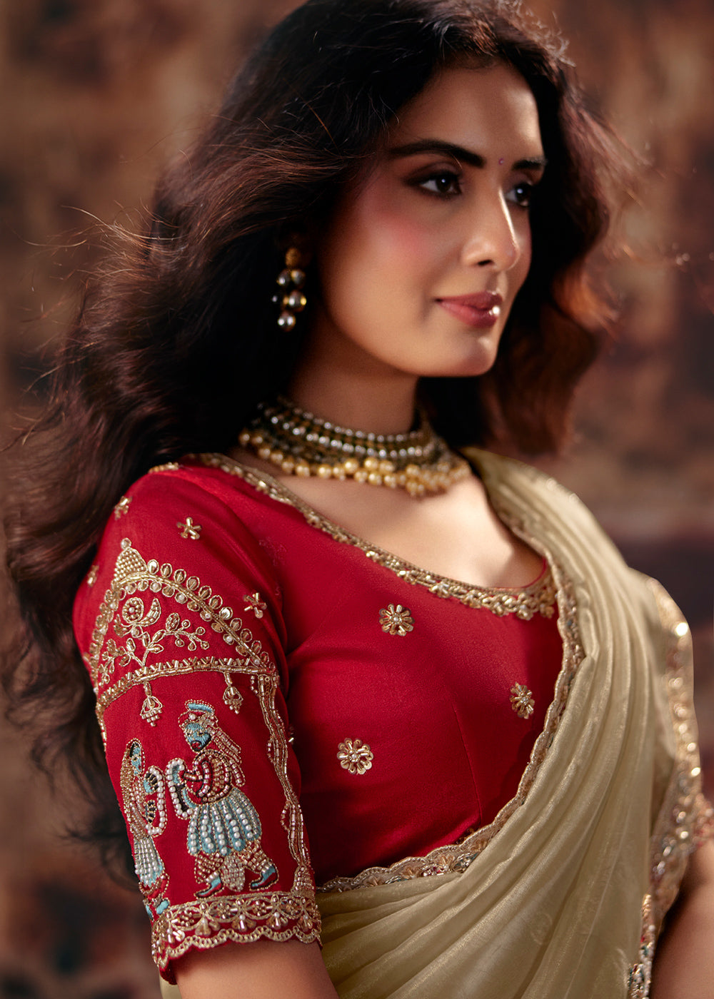 Beige Brown Designer Organza Saree with Zari, Moti & Sequin Accents