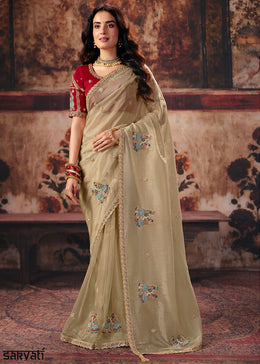 Camel Beige Organza Saree with Threadwork & Sequin Craftsmanship