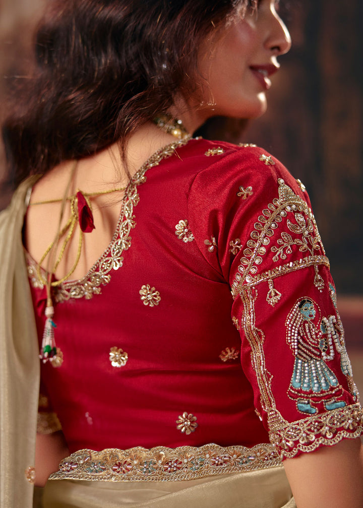 Camel Beige Organza Saree with Threadwork &amp; Sequin Craftsmanship