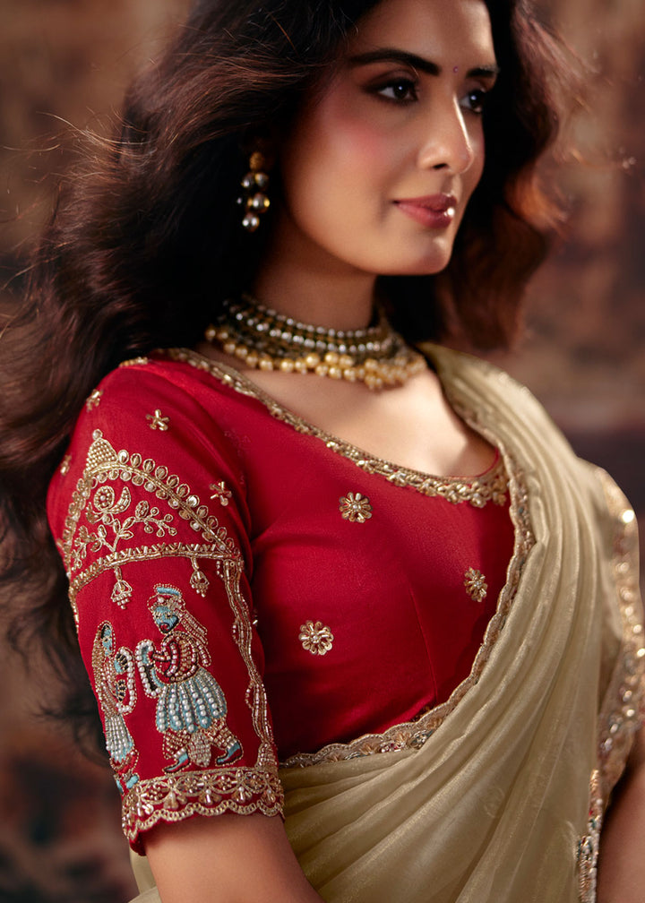 Camel Beige Organza Saree with Threadwork &amp; Sequin Craftsmanship