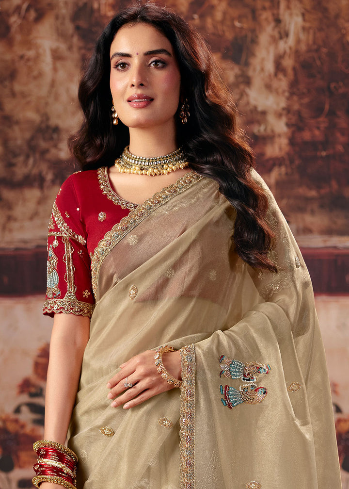 Camel Beige Organza Saree with Threadwork &amp; Sequin Craftsmanship