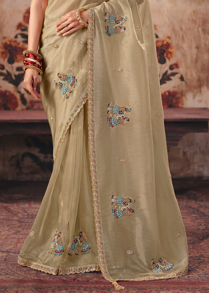 Camel Beige Organza Saree with Threadwork &amp; Sequin Craftsmanship