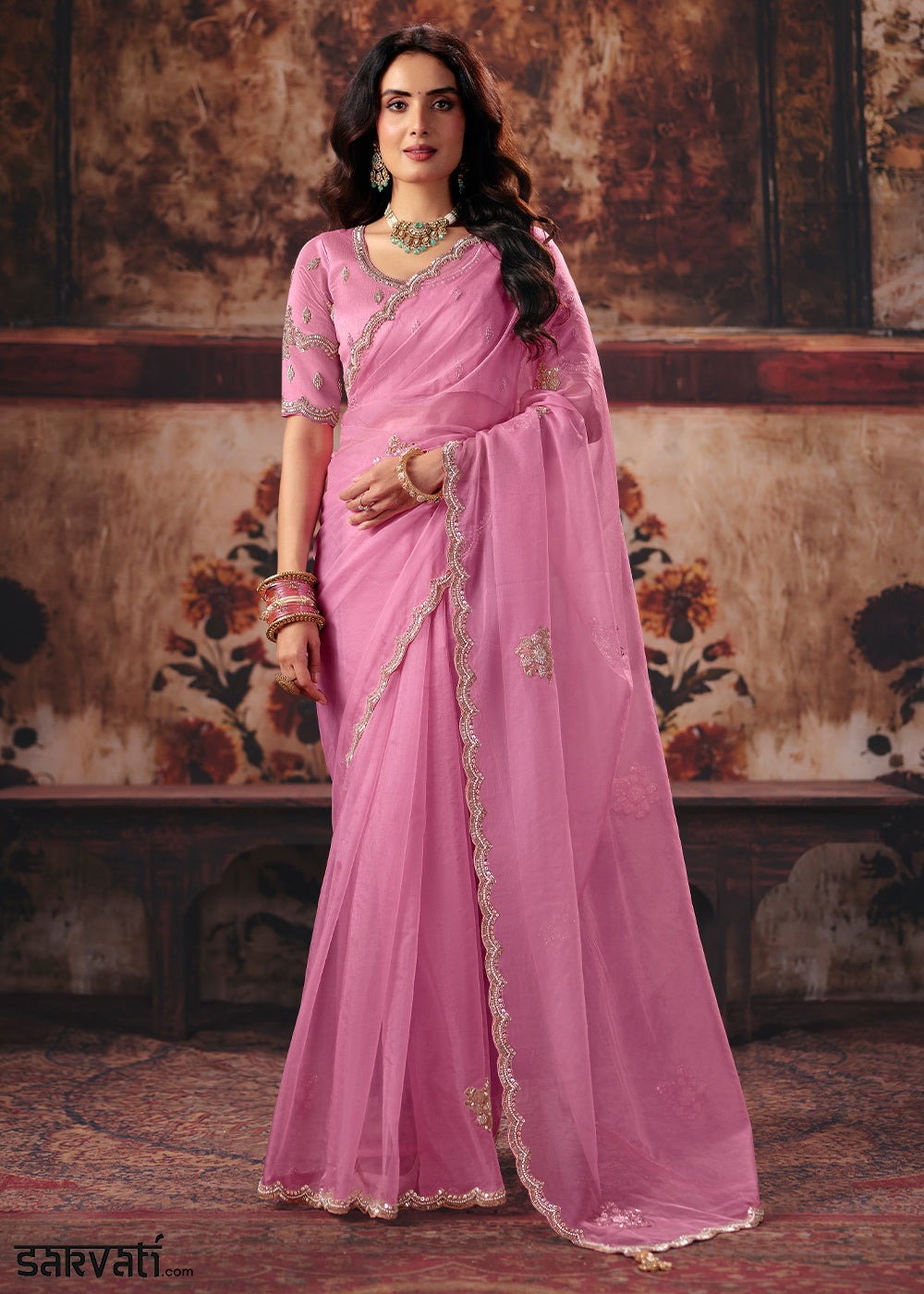 Bubblegum Pink Designer Organza Saree with Zari, Moti &amp; Sequin Accents
