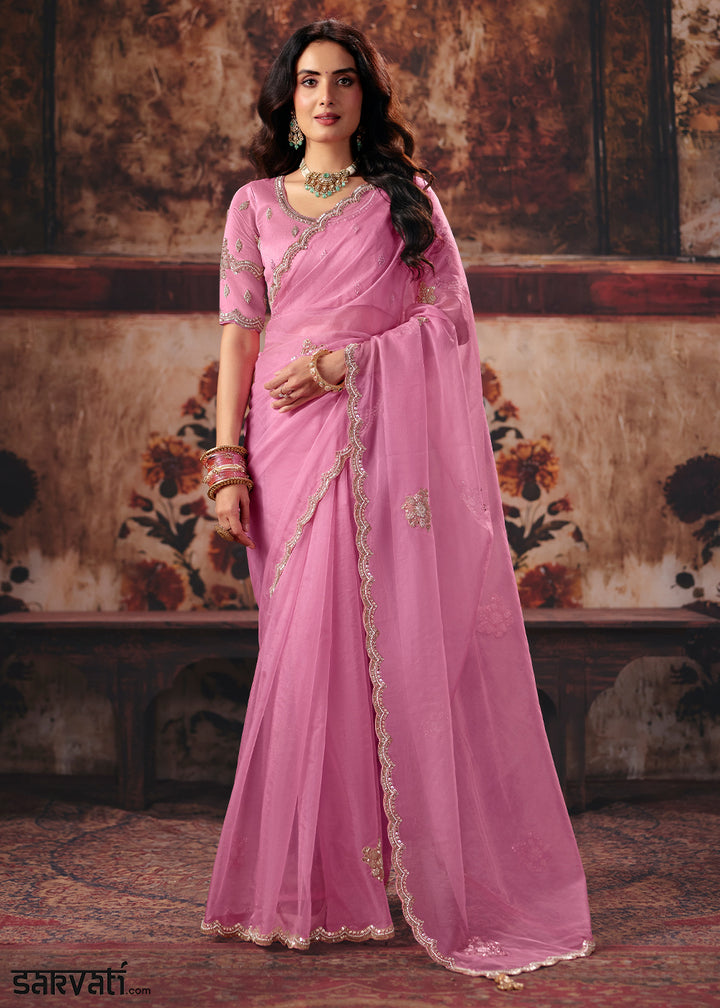 Bubblegum Pink Designer Organza Saree with Zari, Moti &amp; Sequin Accents