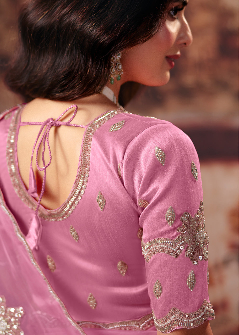 Bubblegum Pink Designer Organza Saree with Zari, Moti & Sequin Accents