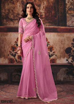 Rose Pink Organza Saree with Sequin & Stone Embellishments