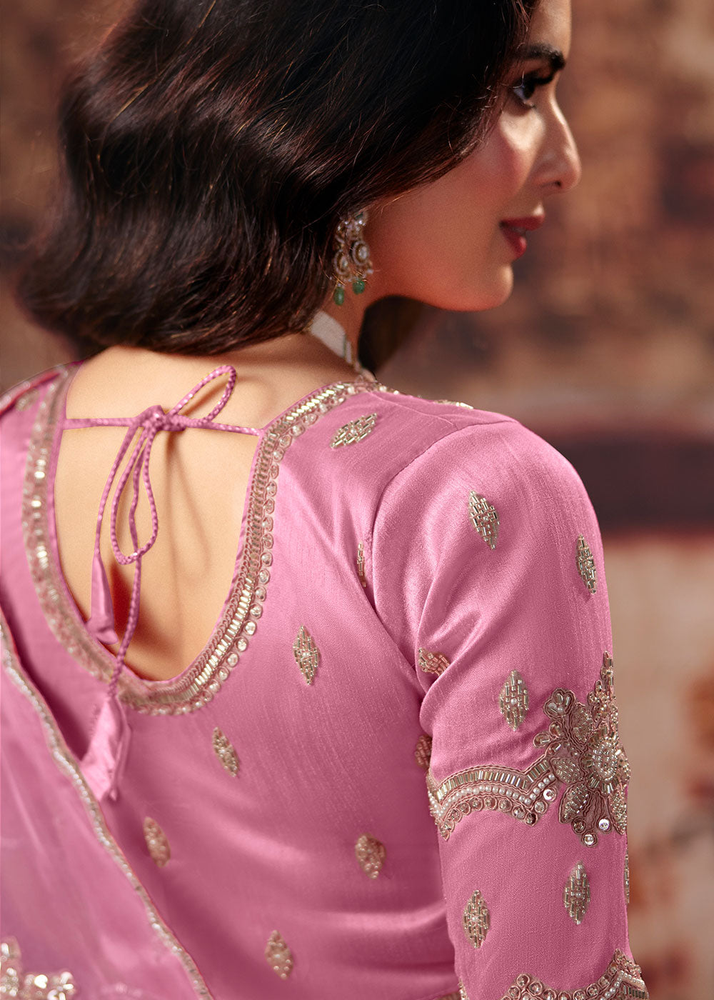 Rose Pink Organza Saree with Sequin &amp; Stone Embellishments