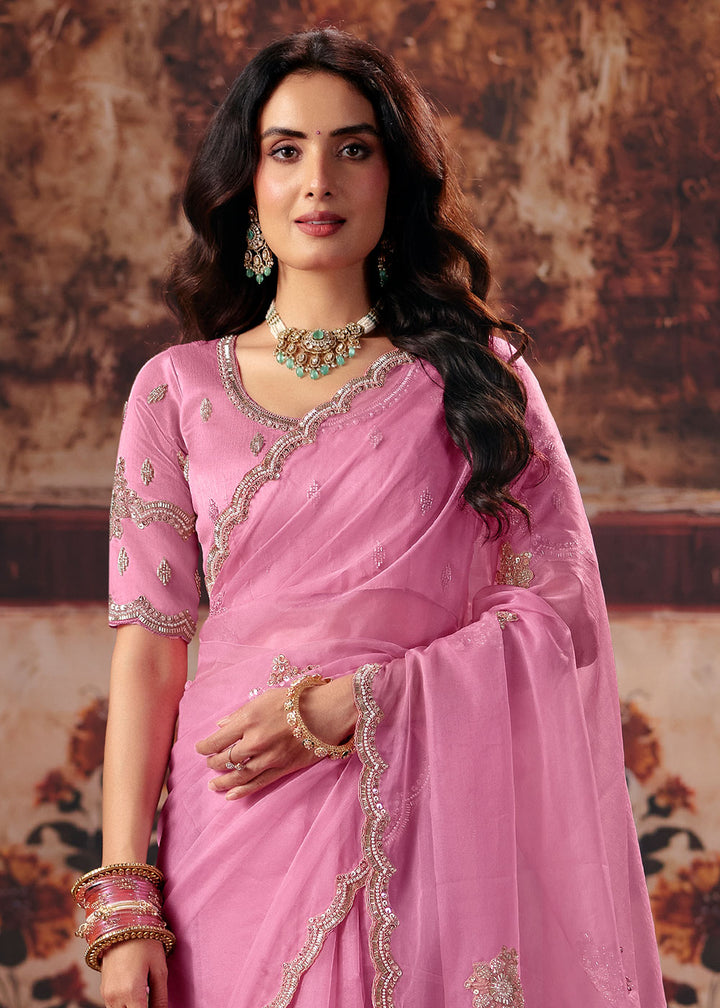 Rose Pink Organza Saree with Sequin &amp; Stone Embellishments