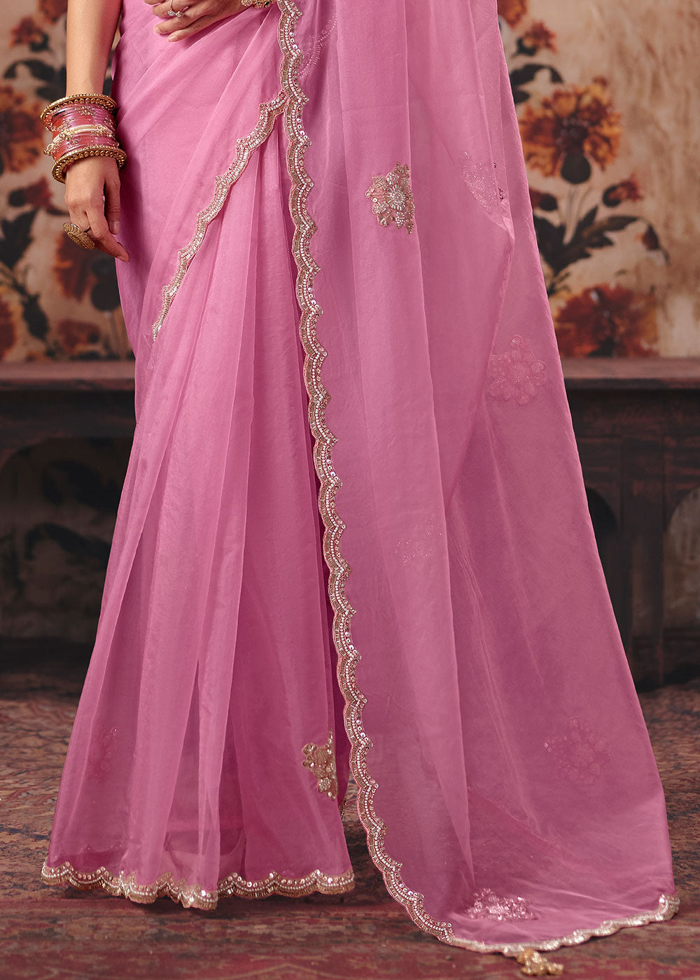 Rose Pink Organza Saree with Sequin &amp; Stone Embellishments