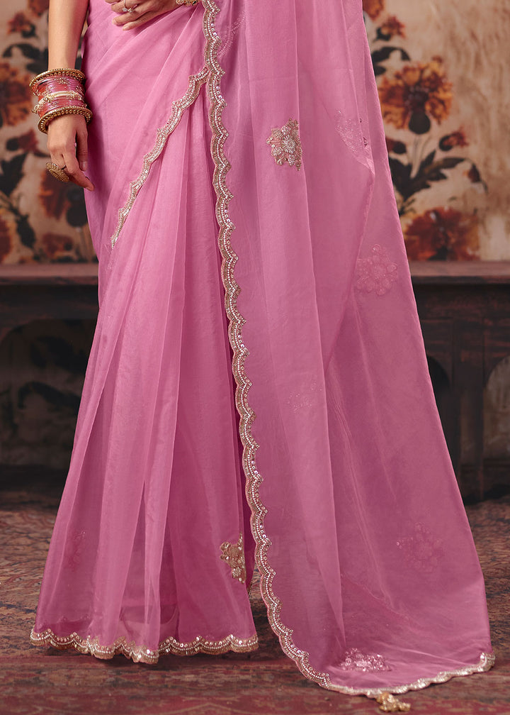 Rose Pink Organza Saree with Sequin &amp; Stone Embellishments