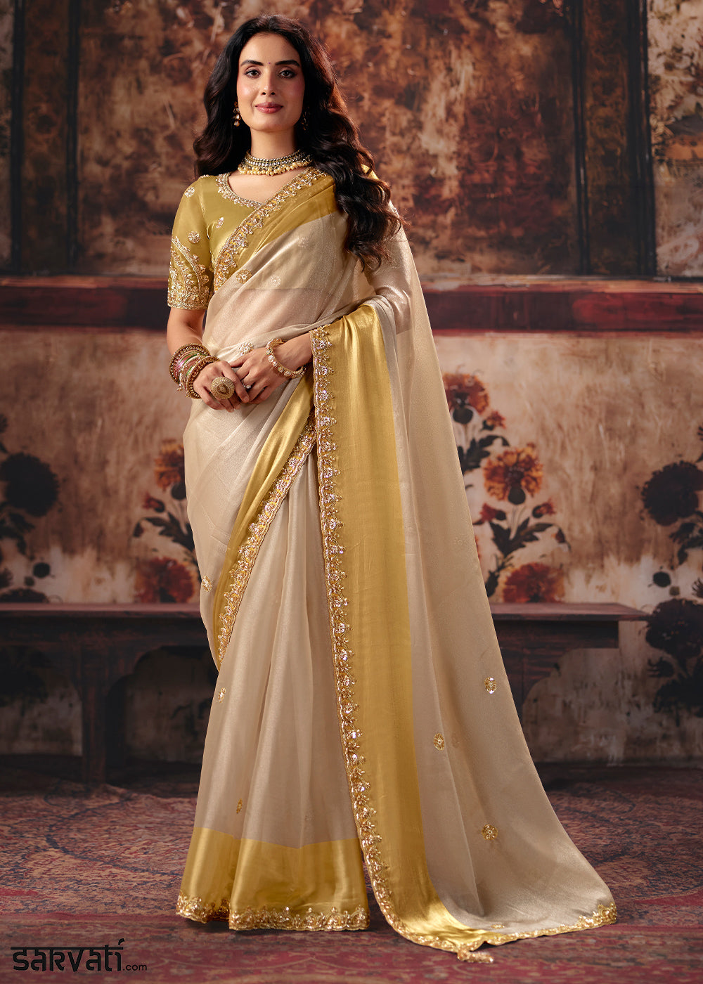 Brown &amp; Golden Designer Satin Silk Saree with Zari, Moti &amp; Sequin Accents