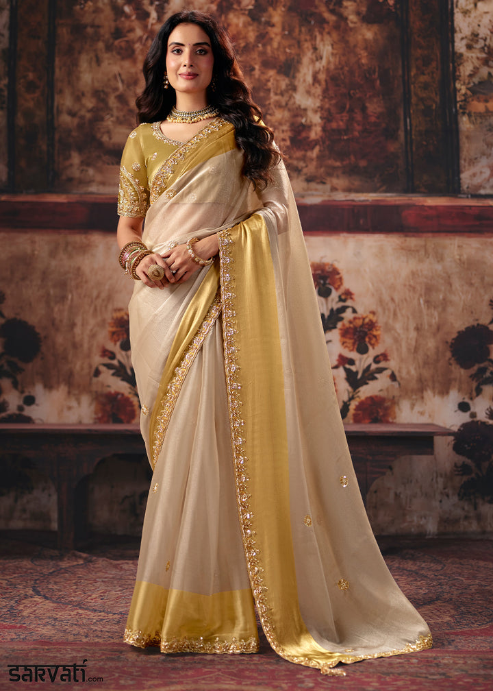 Brown &amp; Golden Designer Satin Silk Saree with Zari, Moti &amp; Sequin Accents
