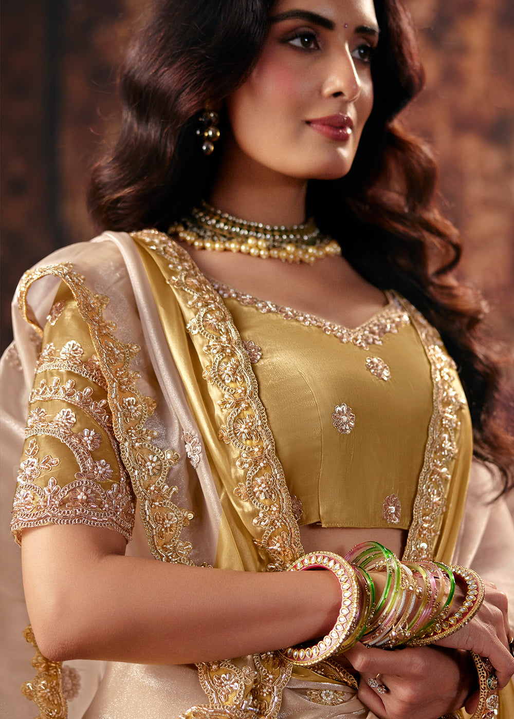 Brown & Golden Designer Satin Silk Saree with Zari, Moti & Sequin Accents