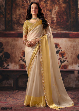 Pinewood Brown Satin Patta Saree with Sequin & Stone Embellishments