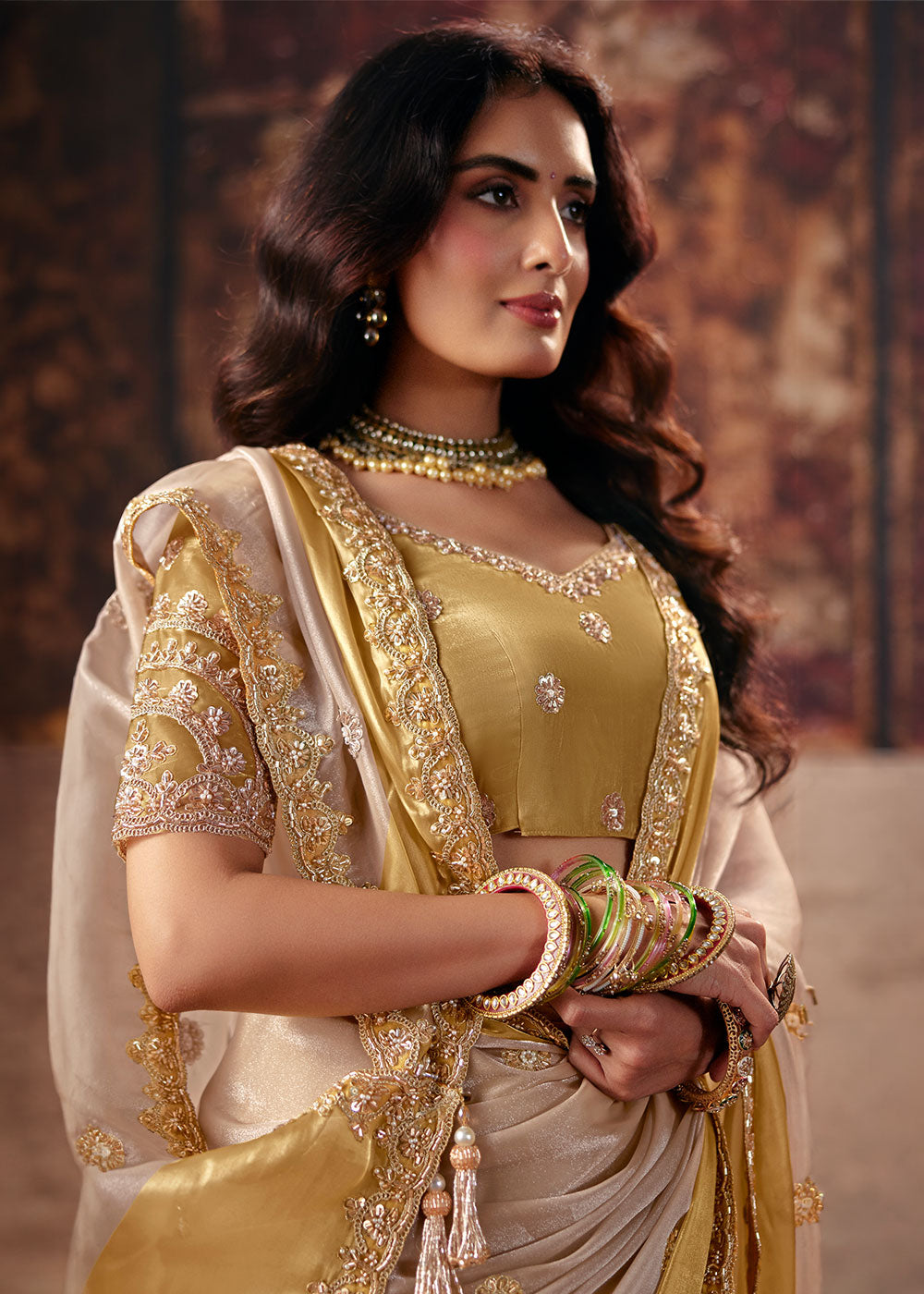 Pinewood Brown Satin Patta Saree with Sequin & Stone Embellishments