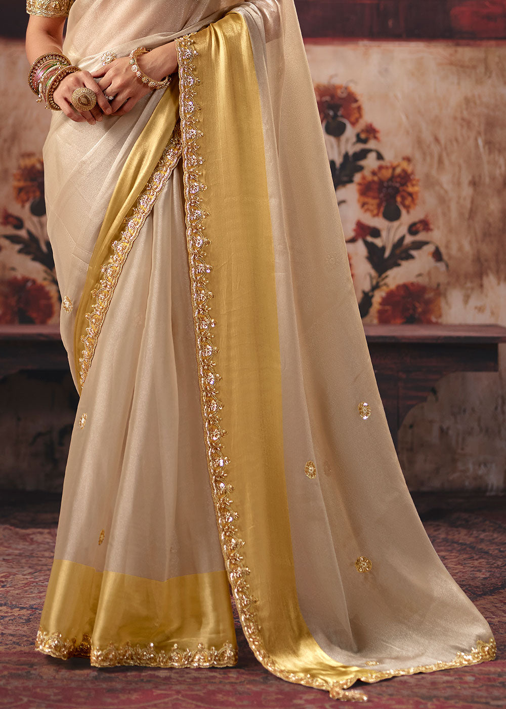 Pinewood Brown Satin Patta Saree with Sequin &amp; Stone Embellishments