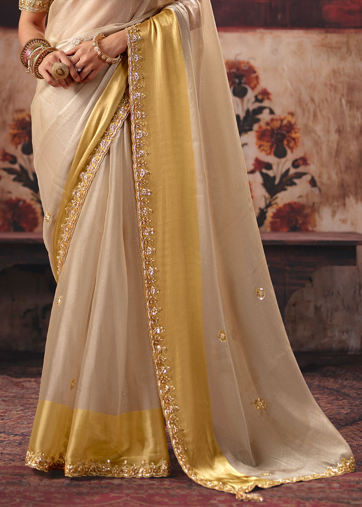 Pinewood Brown Satin Patta Saree with Sequin &amp; Stone Embellishments