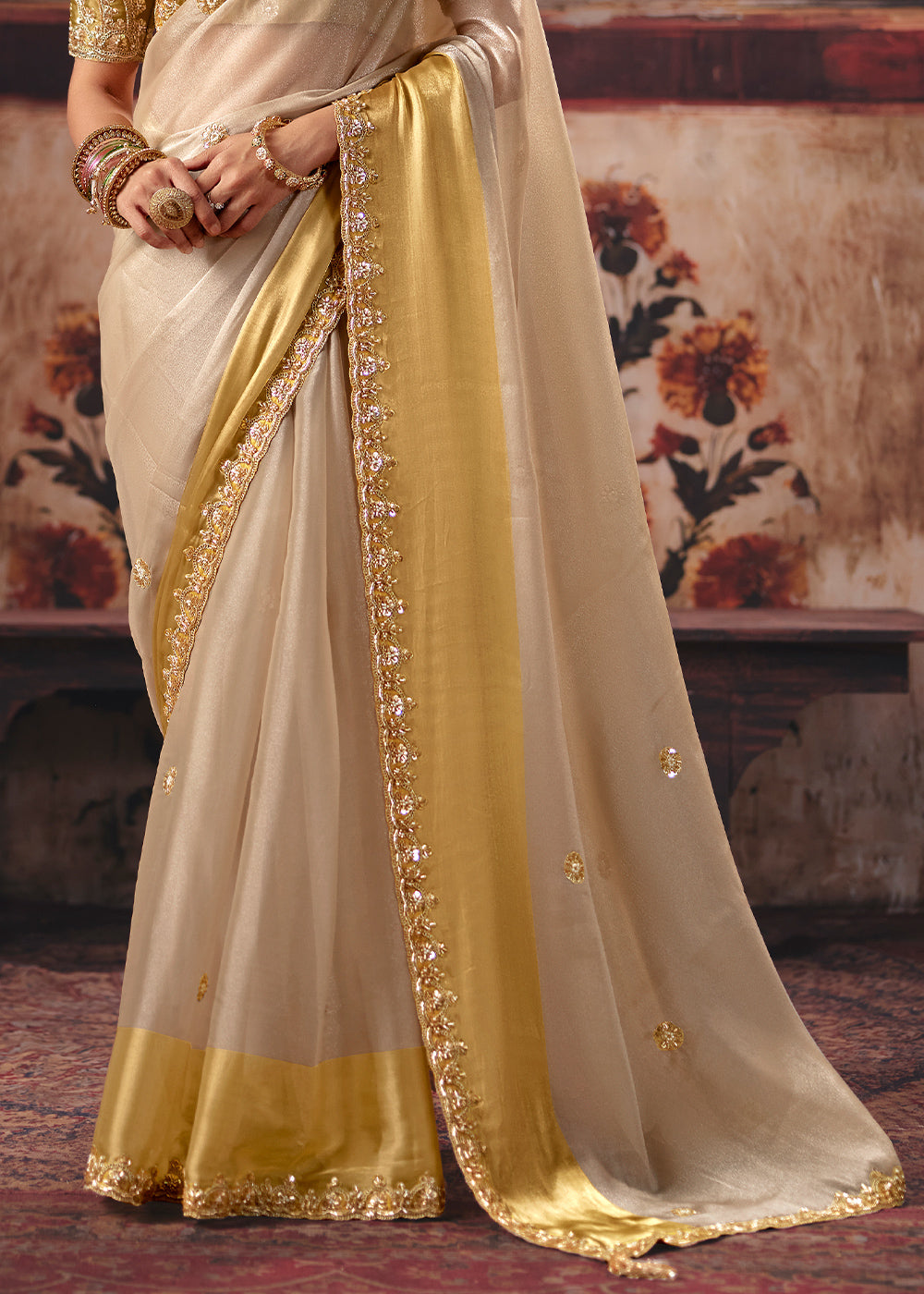 Brown &amp; Golden Designer Satin Silk Saree with Zari, Moti &amp; Sequin Accents