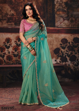 Shades Of Blue Designer Organza Saree with Zari, Moti & Sequin Accents