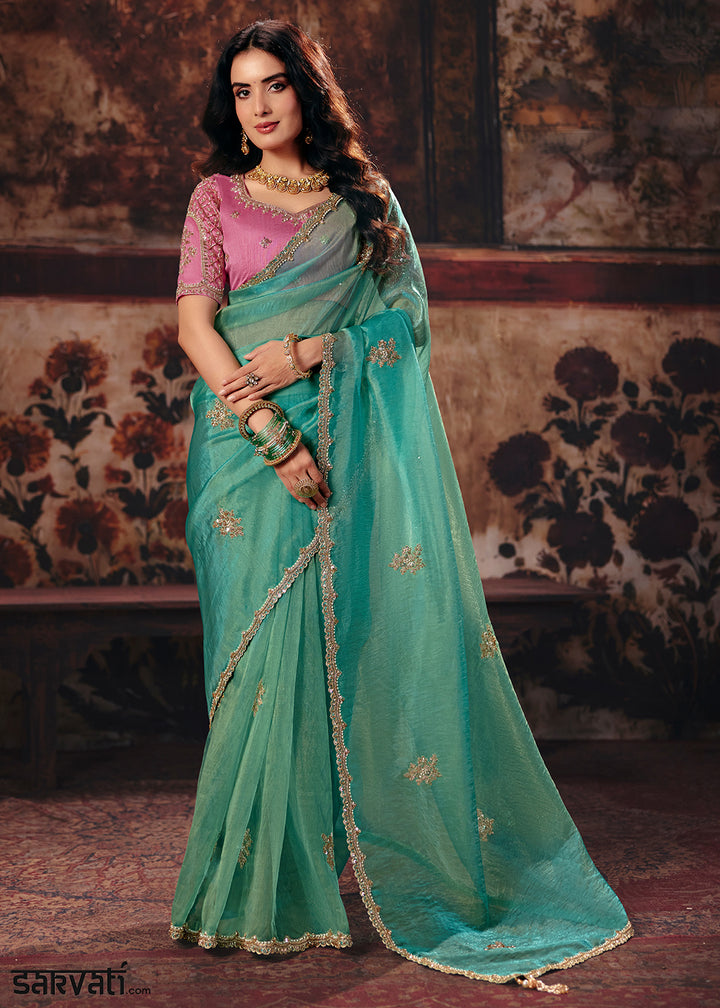 Shades Of Blue Designer Organza Saree with Zari, Moti &amp; Sequin Accents