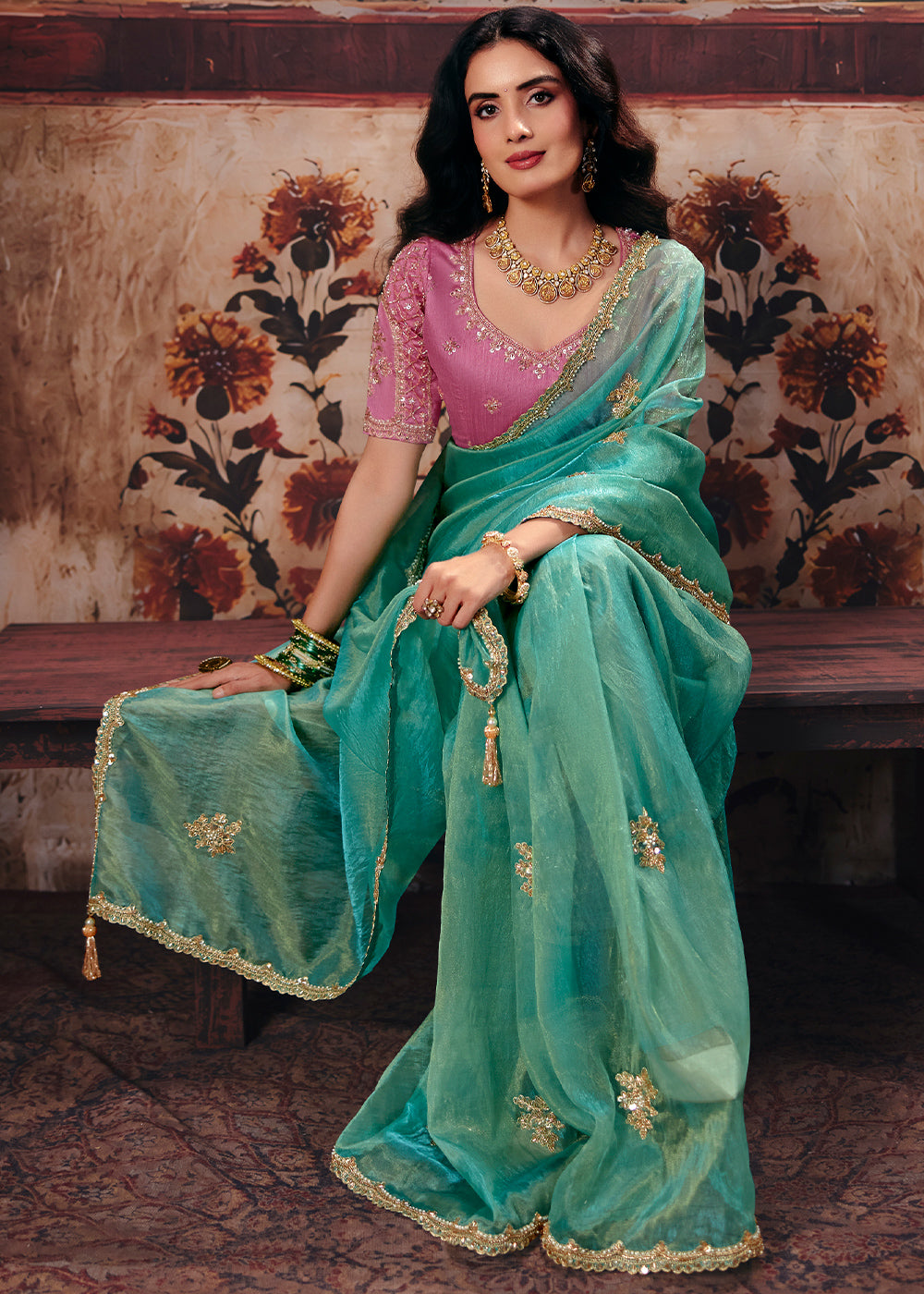Shades Of Blue Designer Organza Saree with Zari, Moti & Sequin Accents