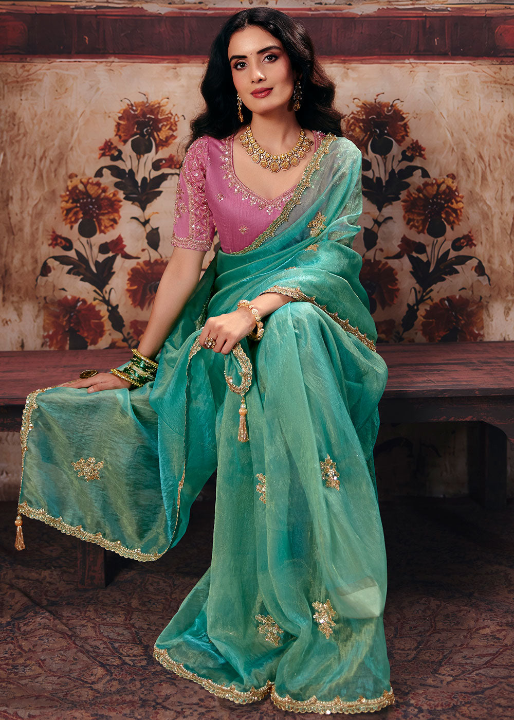Turquoise Blue Organza Saree with Threadwork &amp; Sequin Embellishments