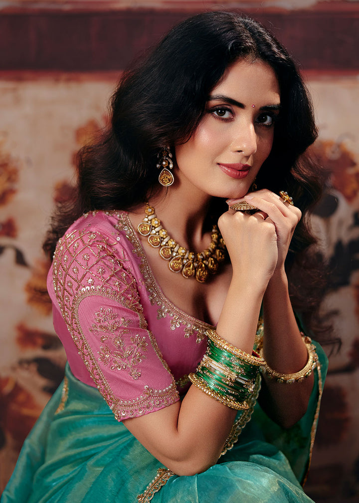 Turquoise Blue Organza Saree with Threadwork &amp; Sequin Embellishments