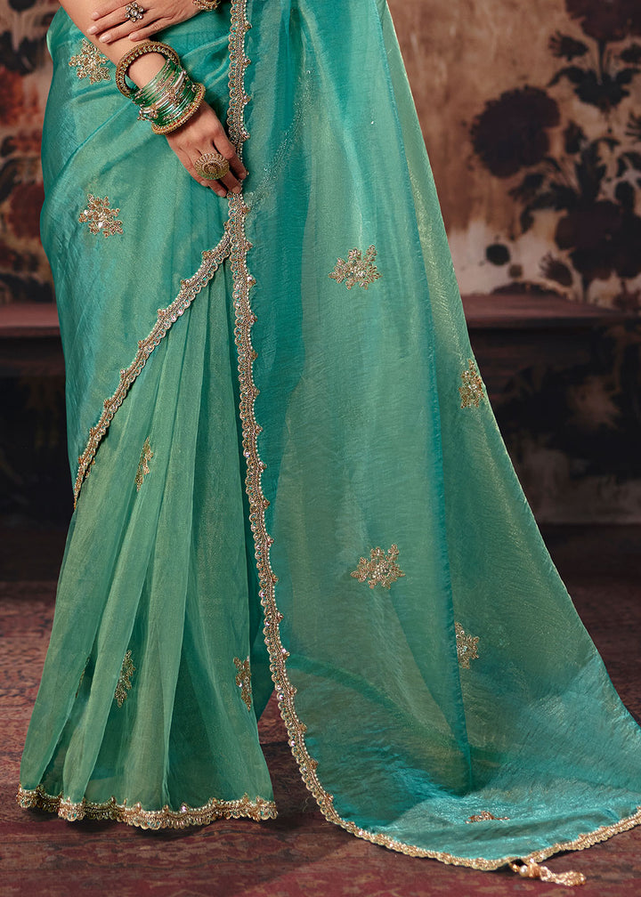 Turquoise Blue Organza Saree with Threadwork &amp; Sequin Embellishments
