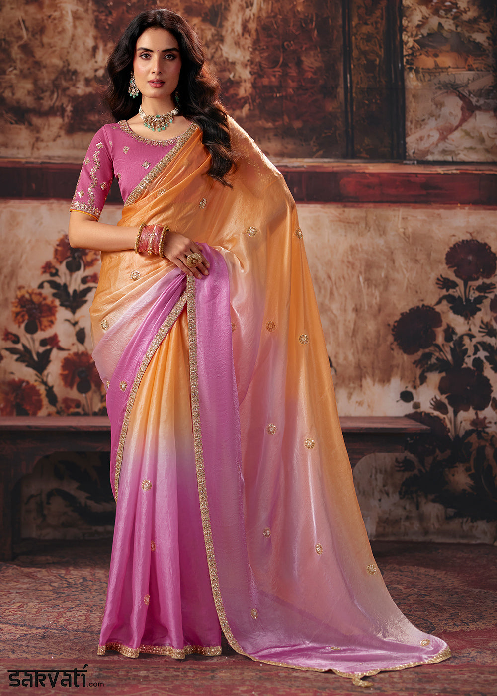 Pink &amp; Orange Designer Satin Silk Saree with Zari, Moti &amp; Sequin Accents