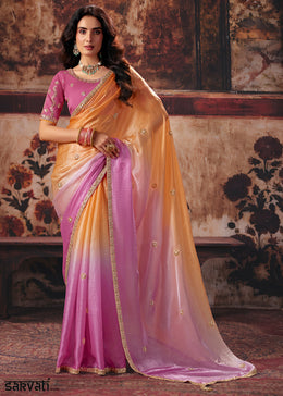 Pink & Orange Designer Satin Silk Saree with Zari, Moti & Sequin Accents