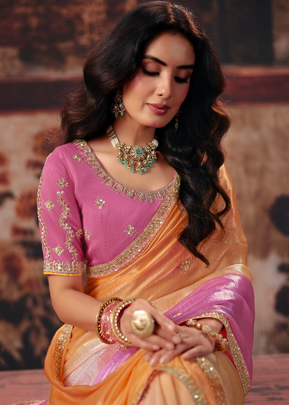 Pink & Orange Designer Satin Silk Saree with Zari, Moti & Sequin Accents