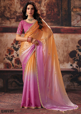Tones of Pink Satin Saree with Threadwork & Sequin Embellishments