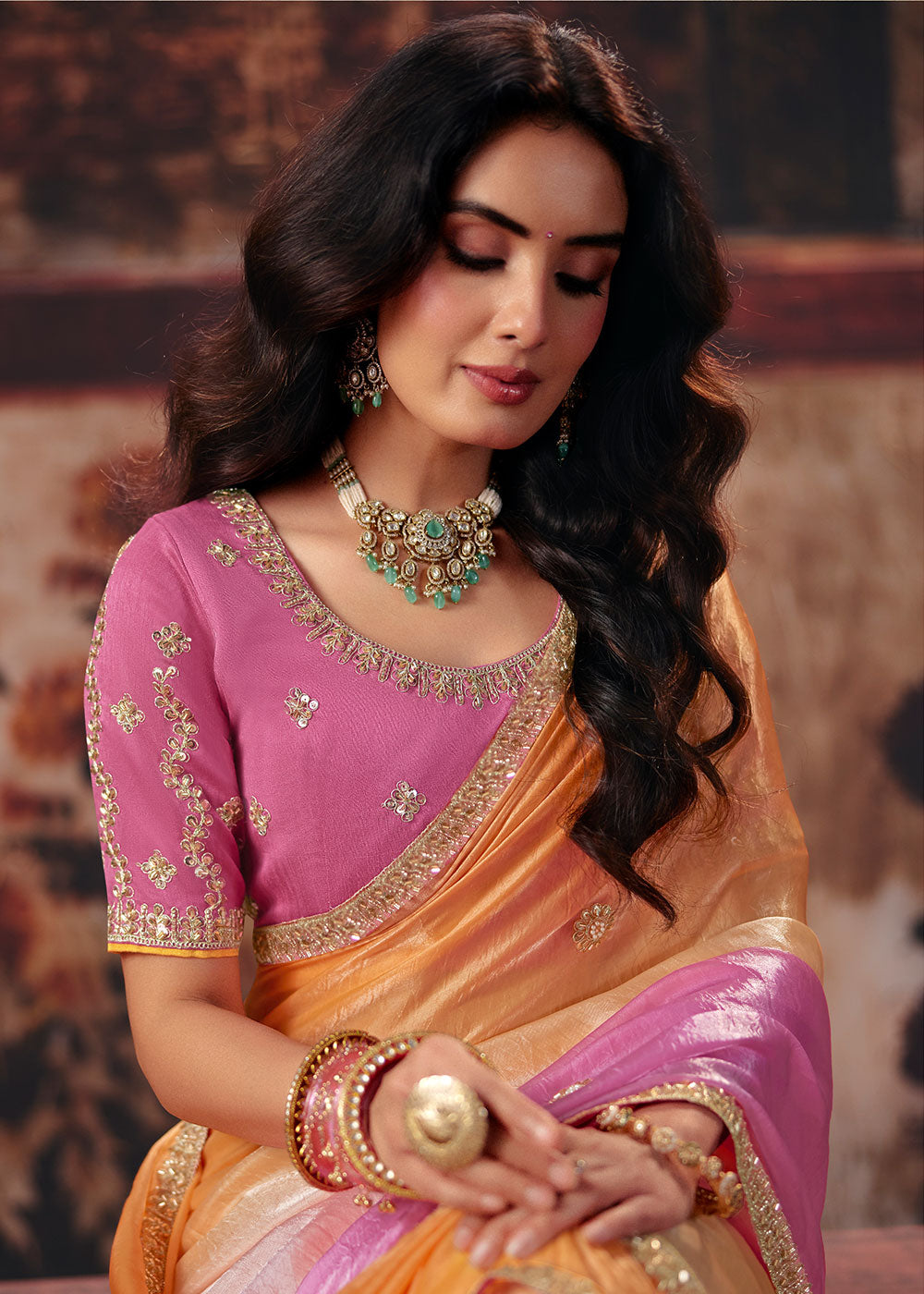 Tones of Pink Satin Saree with Threadwork & Sequin Embellishments