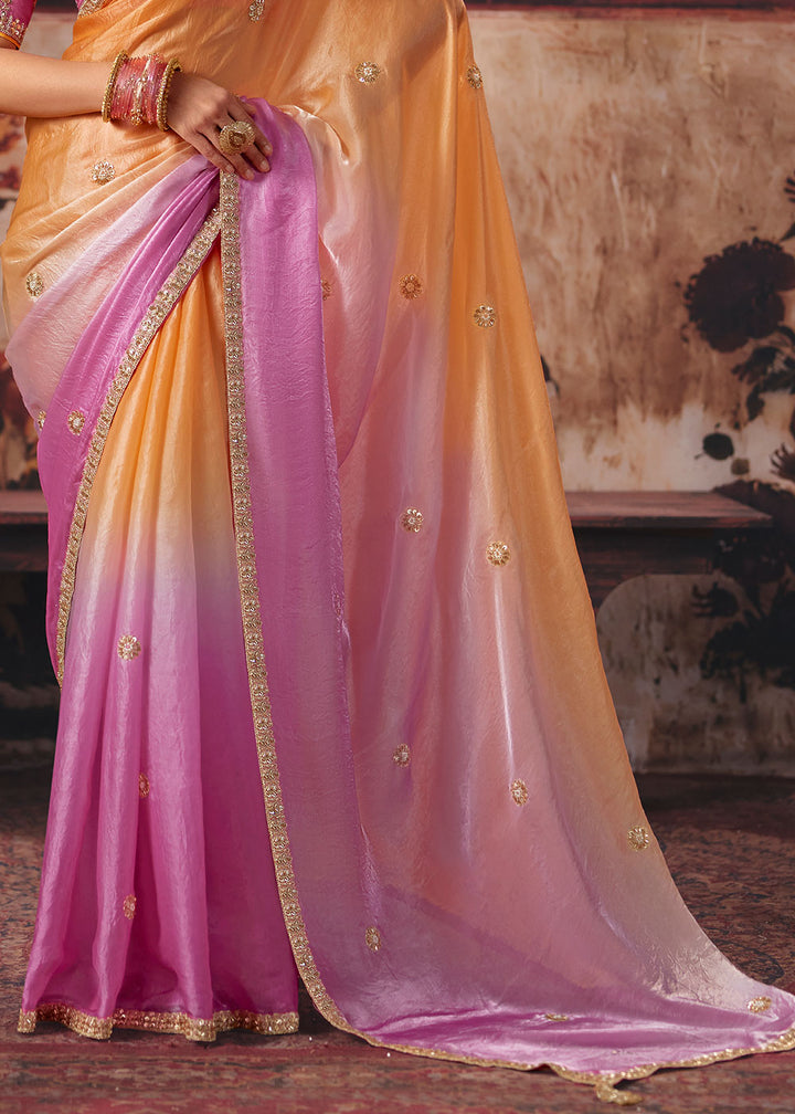 Tones of Pink Satin Saree with Threadwork &amp; Sequin Embellishments