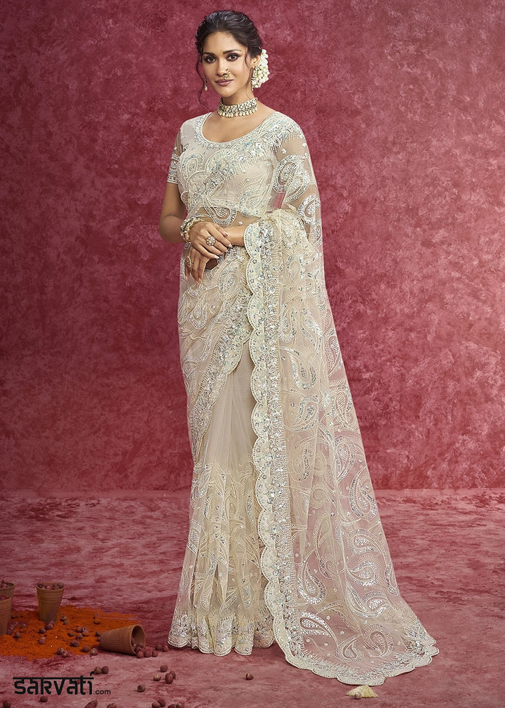 Tan Brown Net Saree having Designer Embroidery with Sequin Highlights