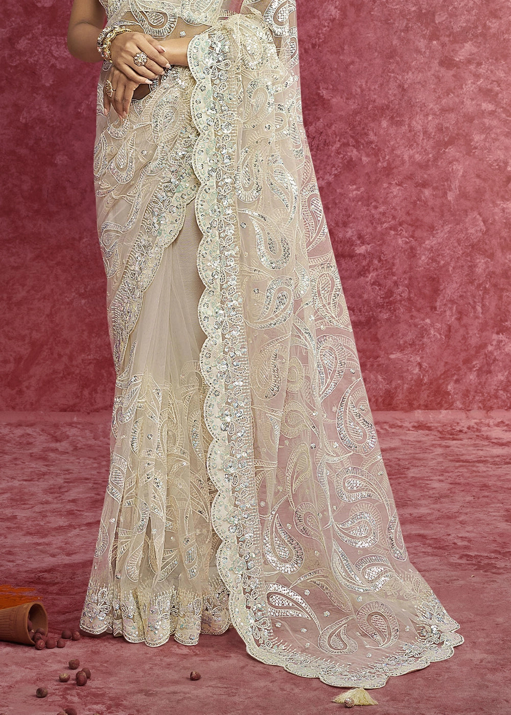 Tan Brown Net Saree having Designer Embroidery with Sequin Highlights
