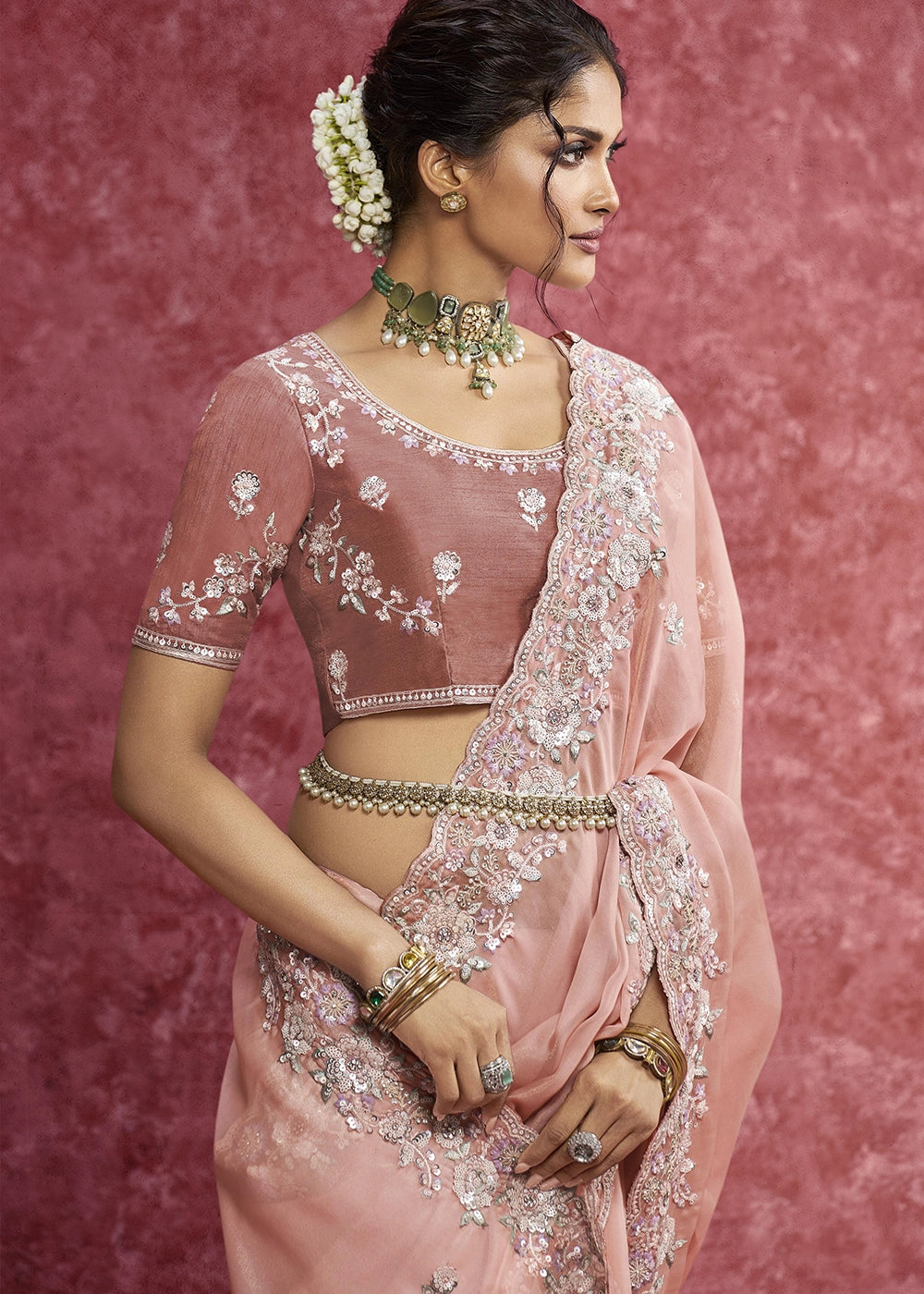 Light Pink Tissue Saree having Designer Floral Embroidery work