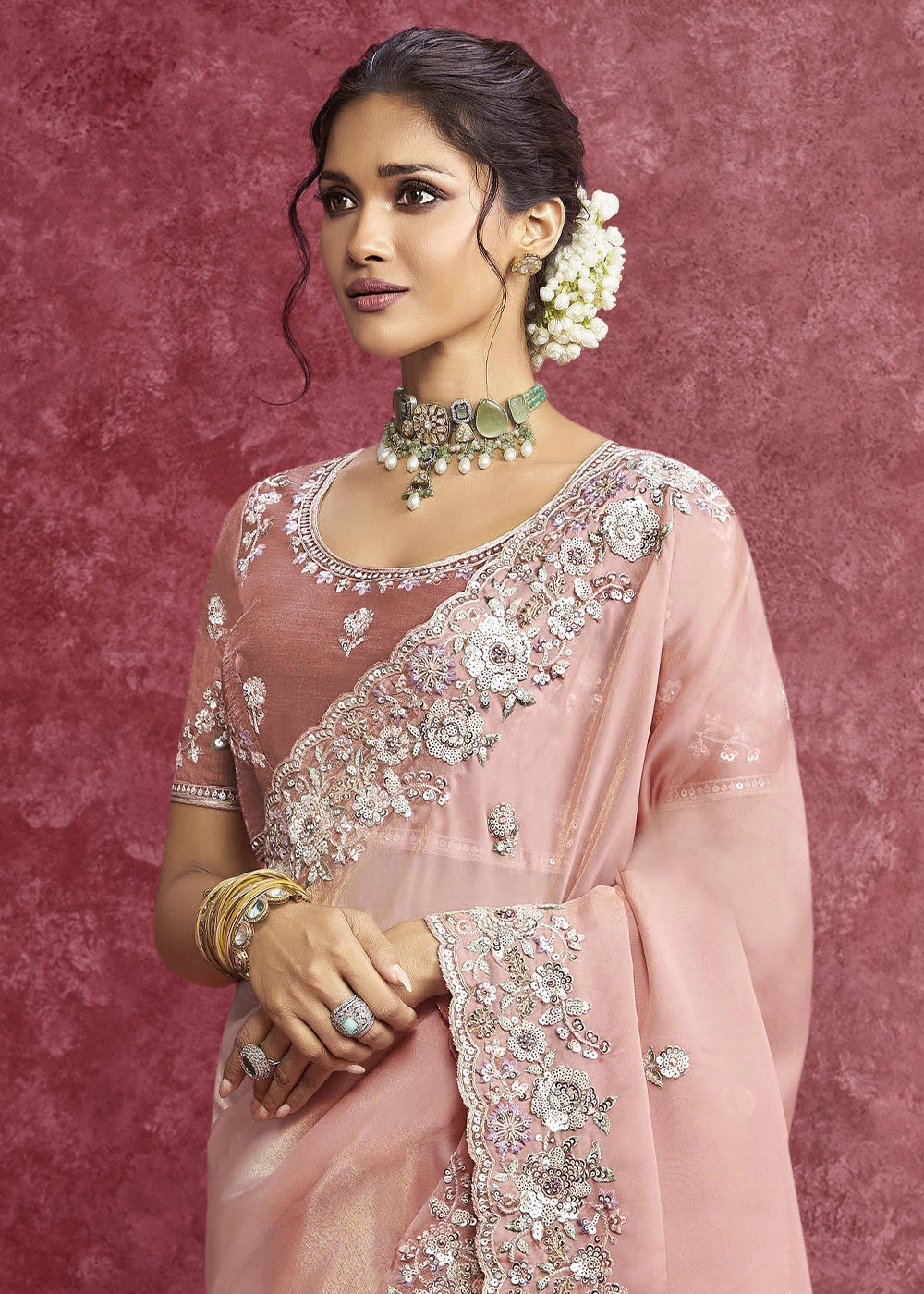 Light Pink Tissue Saree having Designer Floral Embroidery work