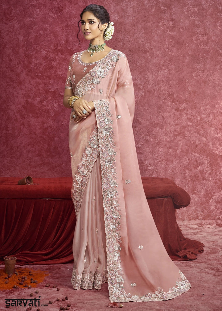 Light Pink Tissue Saree having Designer Floral Embroidery work