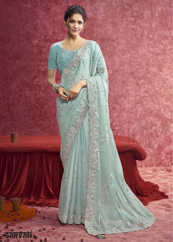 Baby Blue Tissue Saree having Designer Floral Embroidery work