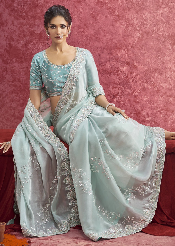 Baby Blue Tissue Saree having Designer Floral Embroidery work